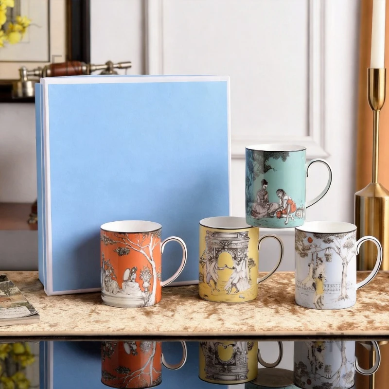High-End Bone China Mug 4-Cup Set with Landscape Figure Flower Design Tea Cup Gift view 2