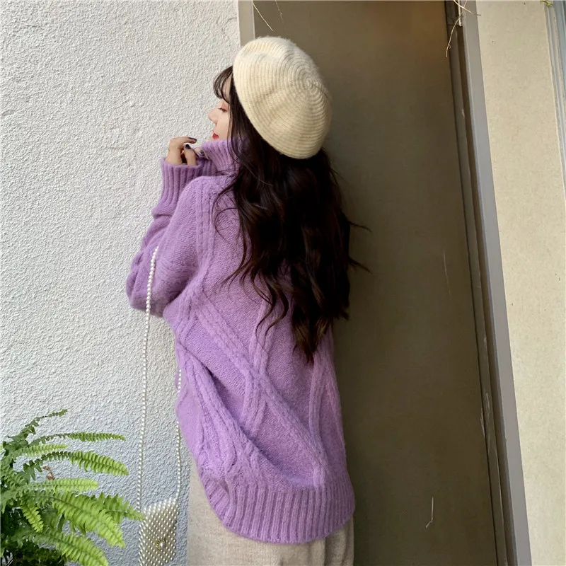 Korean Turtleneck Knitted Sweater Women 2024 Autumn Pink Beige Purple Long Sleeve Casual Loose Jumpers Ladies Pullover Knitwear