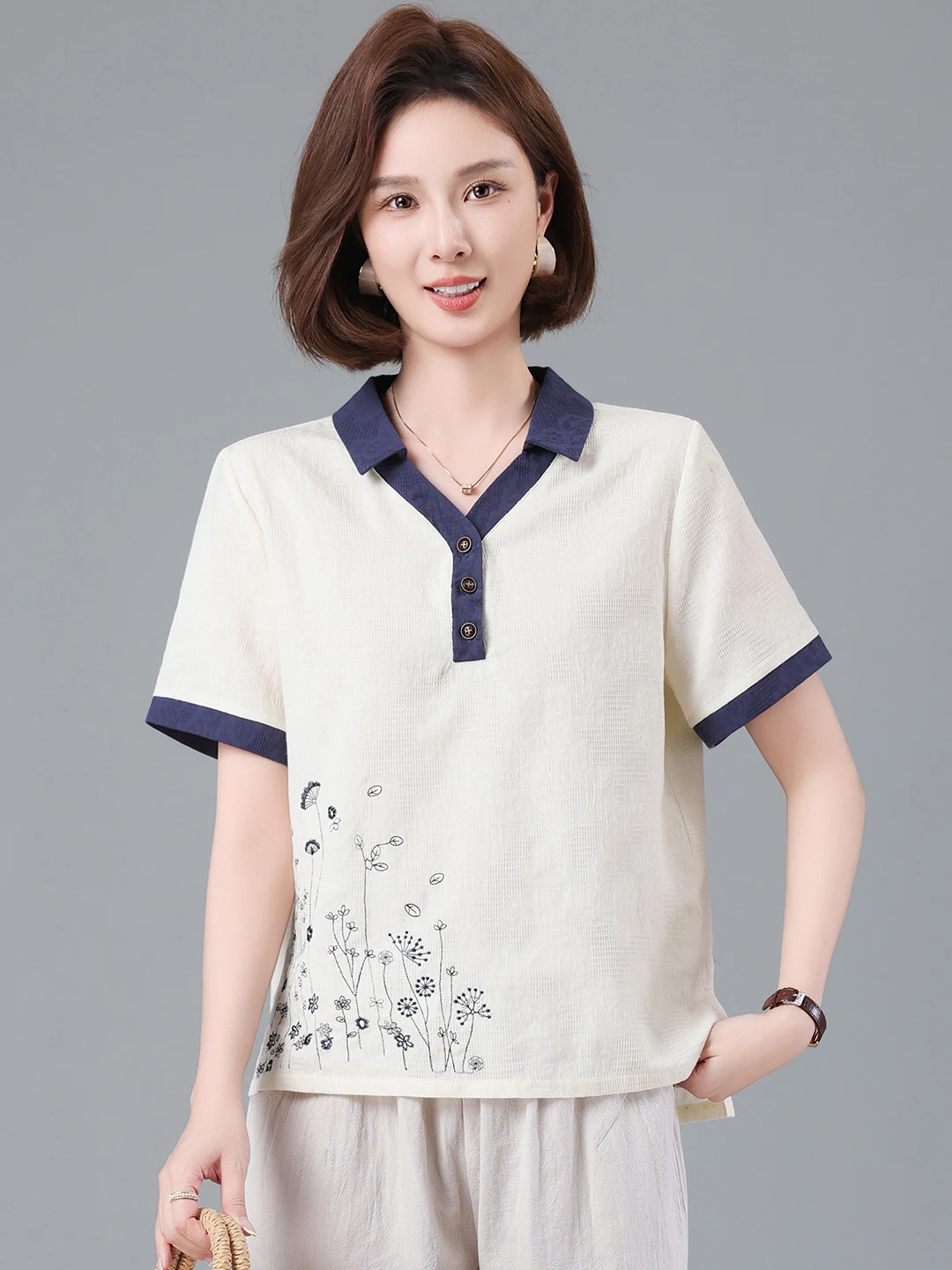 fishing-brand-casual-short-sleeve-embroidered-t-shirt-women's-loose-collar-top-breathable-comfortable-spring-fashionable-shirt
