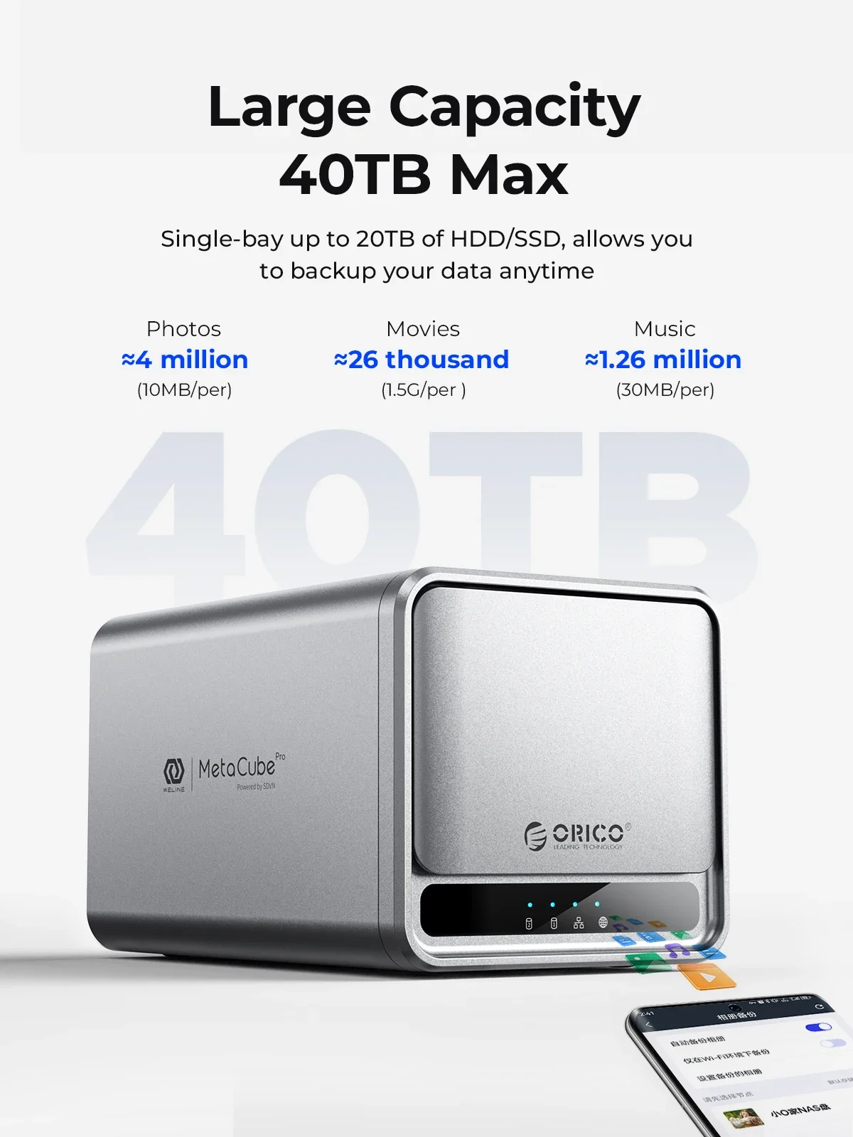 ORICO MetaCube Armazenamento doméstico Tipo-C 3,5" HDD Caso NAS de baía dupla com acesso remoto de backup automático com download BT offline