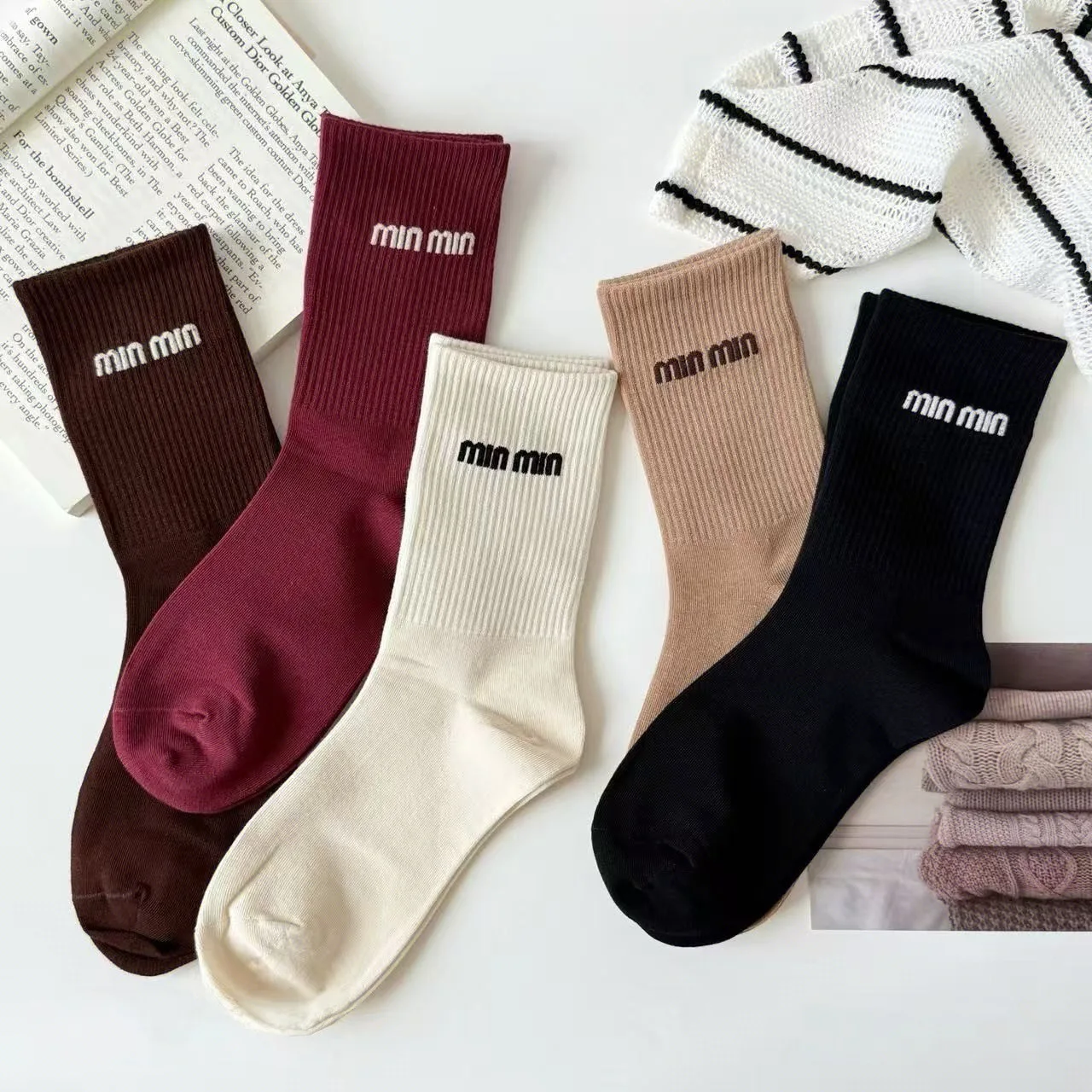 

7A Antibacterial Women's Sports Socks, Red/Black/Off-White, Combed Cotton, Anti-Odor, High-Cut, Anti-Pilling, Soft & Comfortable