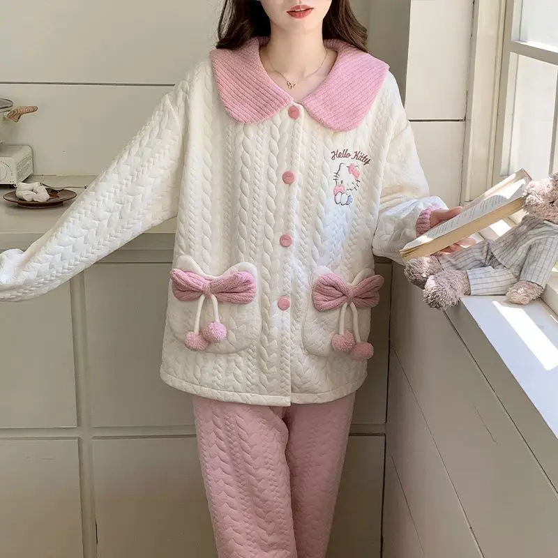 Kawaii Cartoon Character Women Pyjamas Crayon Shin-Chan Hello Kitty Bear Printed Quilted Sleep Set Pants Warm Home Loungewear