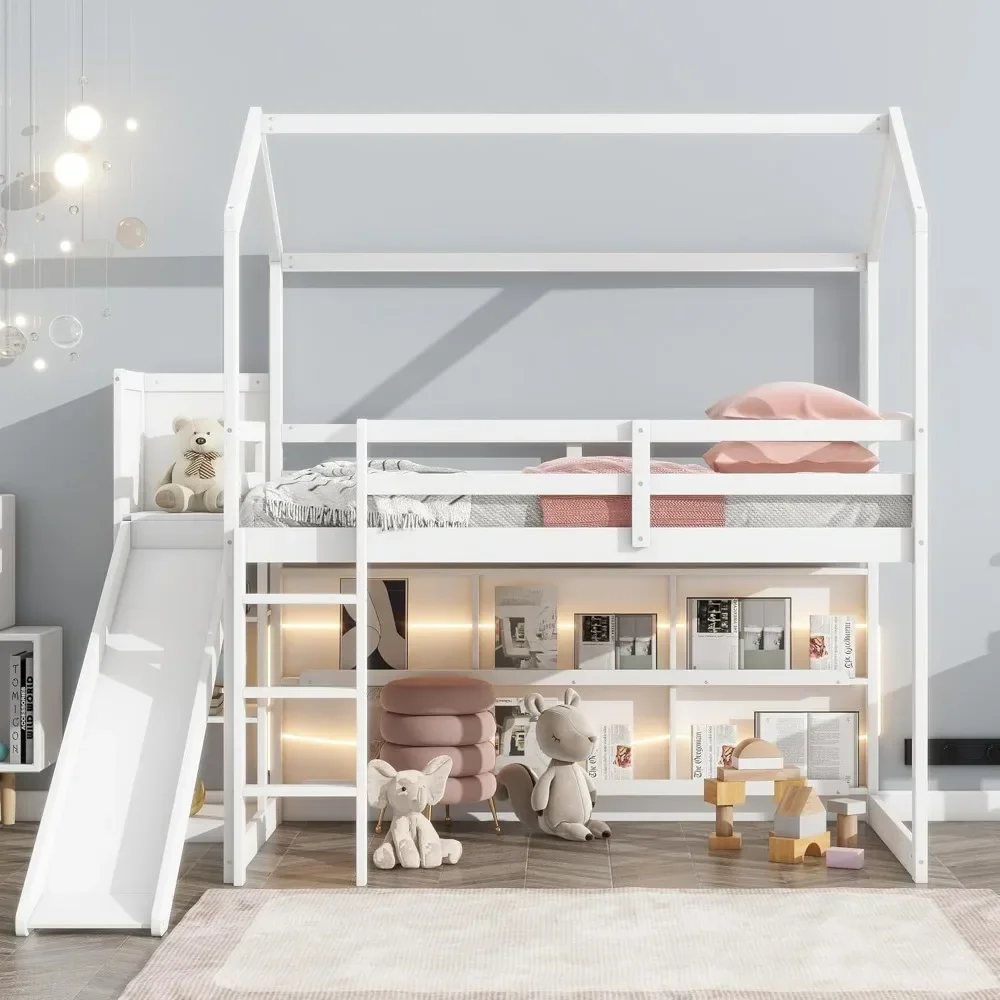 

Bunk Beds Twin Size House Loft Bed with Slide, Storage Shelves and Light, Climbing Ramp, Low Loft Bed Frame, Bunk Beds for Kids