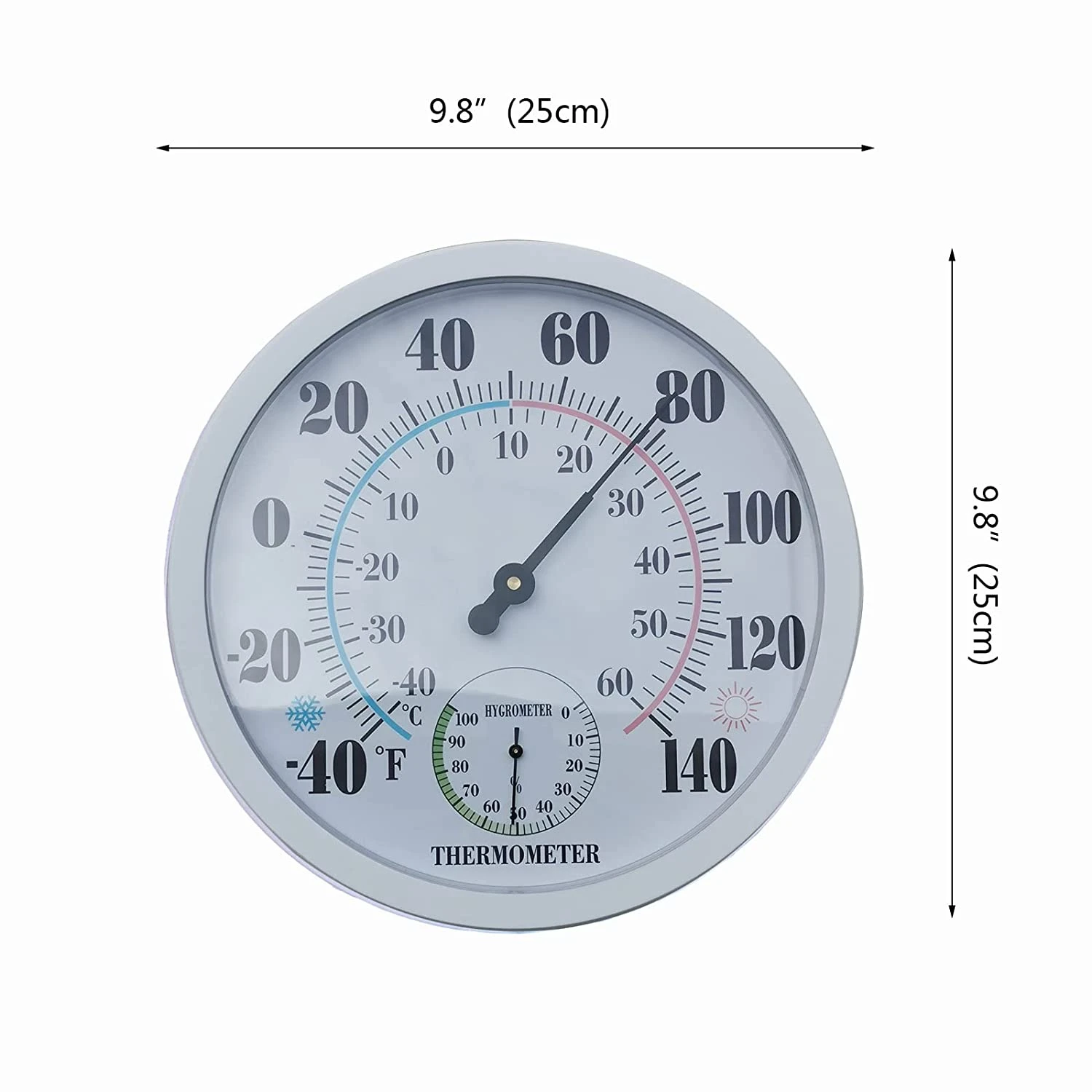 Indoor Outdoor Thermometer Garden Wall Patio Weather Thermometer Hygrometer, Large Number 10 in Diameter (White)