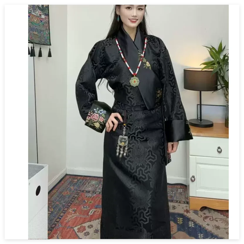 Chinese Women's Simple Tibetan Robe Double layer Xizang Costume National Characteristic Performance Clothes