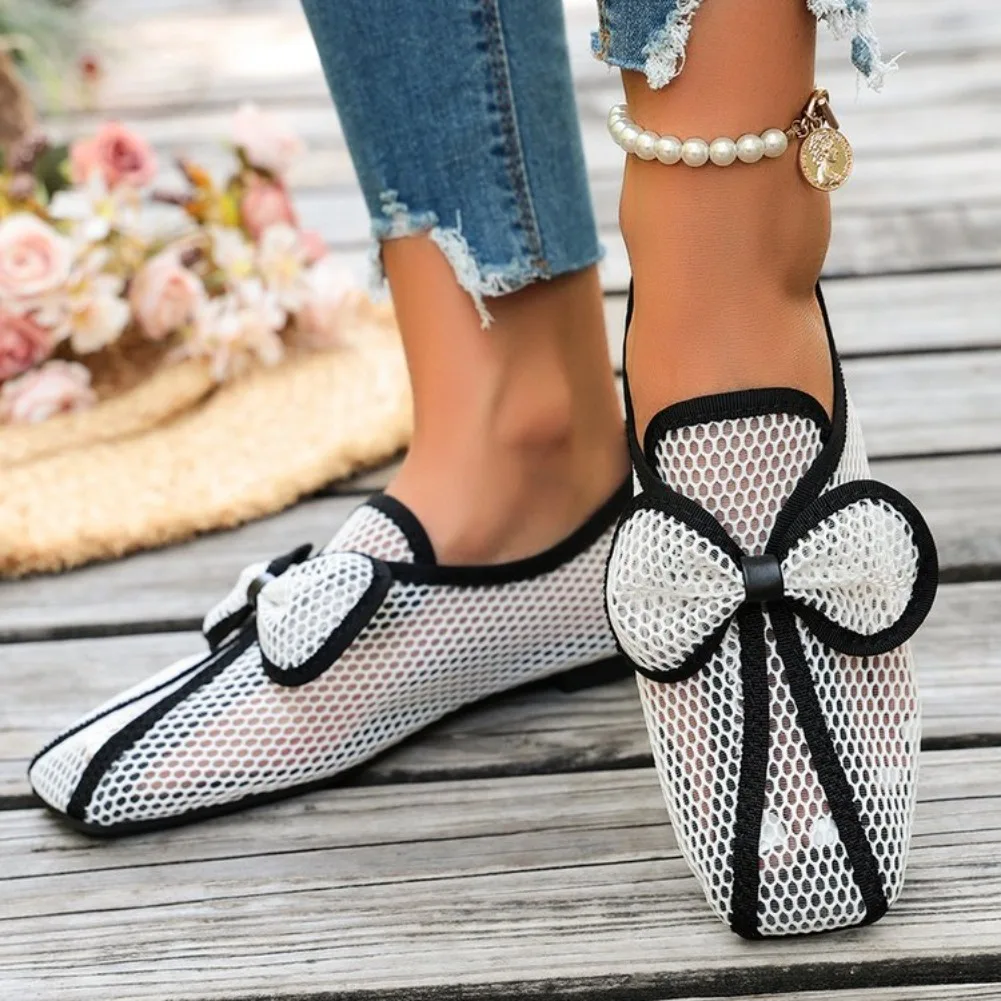 Retro Flache Schuhe Sommer Neu Quadratische Spitze Fischernetz Atmungsaktiv Hohl Ausgefallene Slip-on Baotou Halbpantoffeln Größe 42 – Detail 6