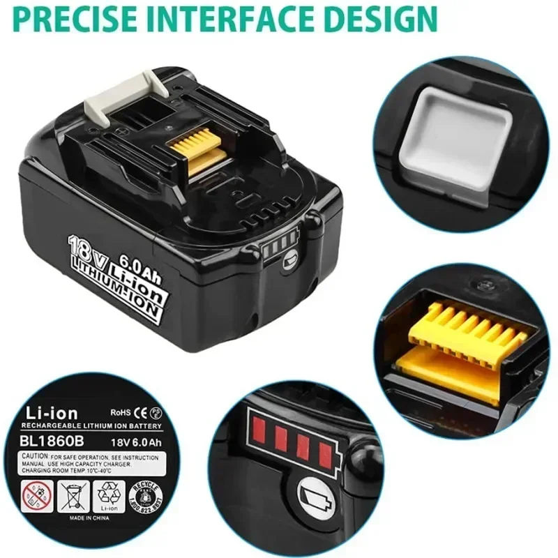 Original für Makita 18 V Akku, wiederaufladbarer Elektrowerkzeug-Akku mit LED-Lithium-Ionen-Ersatz LXT BL1860 BL1850 BL1830 6000 mAh