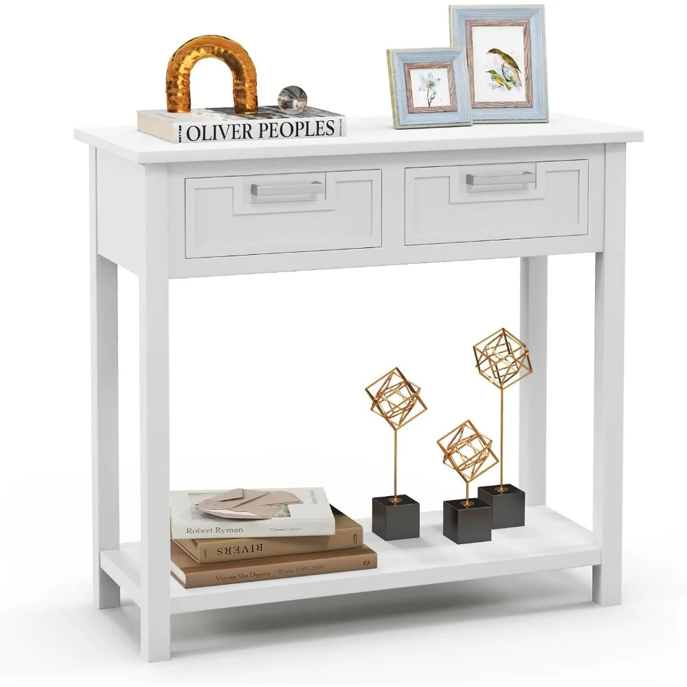 

Console Table with 2 Drawers & Shelf, Narrow Sofa Table with Rubber Wood Legs, Small Entryway Table for Living Room, Hallw