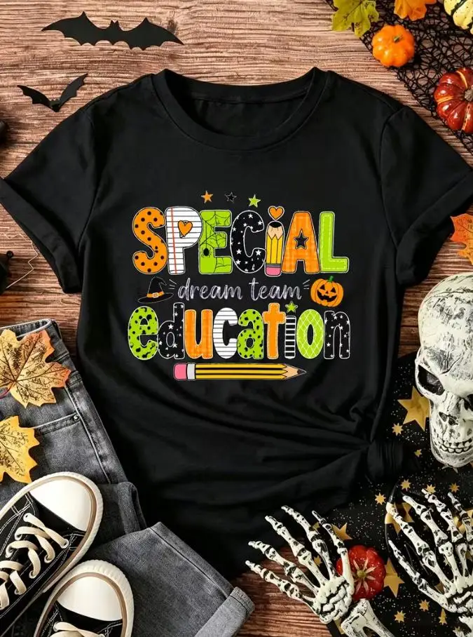 Women Special Education Dream Team Graphic T Shirt Halloween Pumpkin Witch Hat Pencil Print Round Neck Short Sleeve Casual Tee Sped Teacher Holiday Gift Top