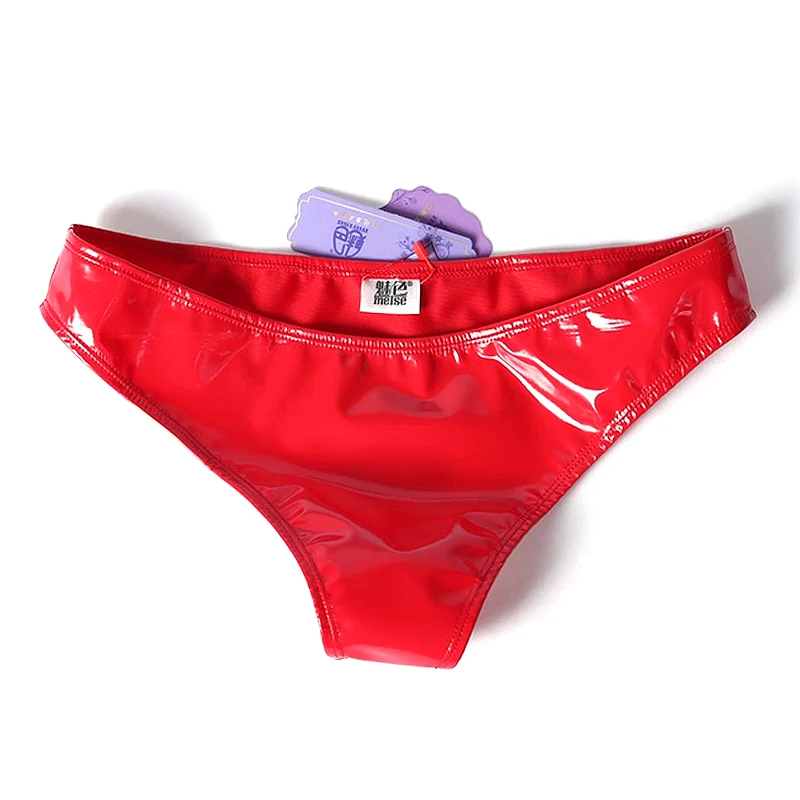 Men Women Sexy Latex Leather Shiny Wet Look Panties Low Waist Sexy Bikini Thong Brief Clubwear Glossy Thong