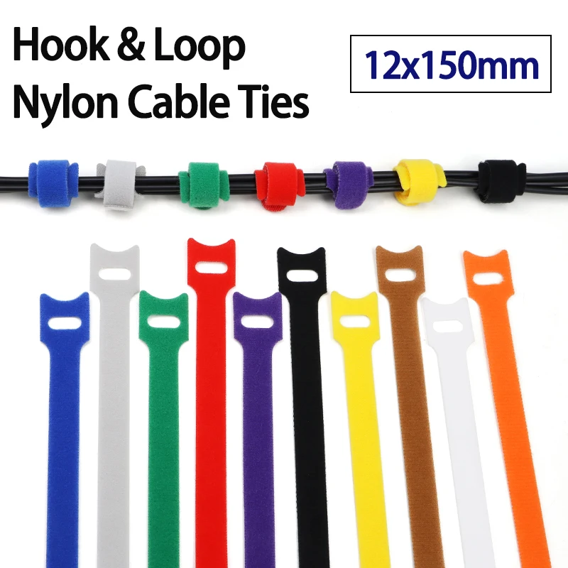 50/100pcs T-Type 12x150mm Hook & Loop Nylon Cable Ties Tape Reusable Fastener Adjustable Wire Management Cable Organizer