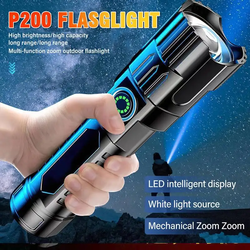 

High Power P200 Led Flashlight Rechargeable Telescopic Zoom Tactical Torch Hand Lantern For Outdoor Camping Emergency Lighting