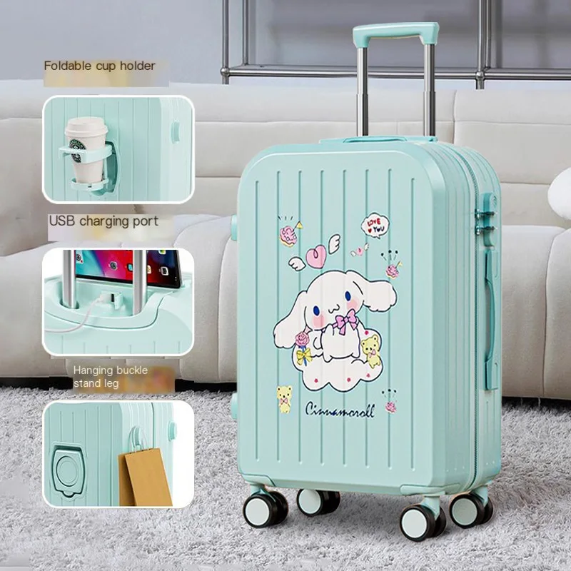 Anime Cinnamoroll Usb Charging Port 20 22 24 Inch Trolley Case Sanrio Kawaii Kuromi Cup Holder Hook Up Suitcase Student Travel