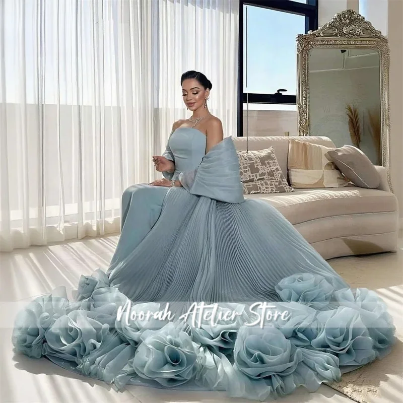 

Dusty Blue Tulle Party Dresses Strapless Evening Dresses Pleated Evening Gowns with Floral 3D Flowers Customized