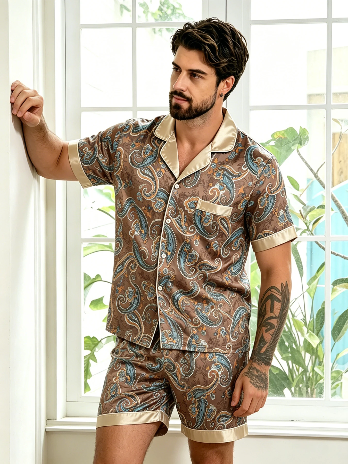 Men's Faux Silk Satin Pajama Set Short Sleeve Button-Down Loungewear Luxury Soft Sleepwear for Summer Nightwear Casual Homewear