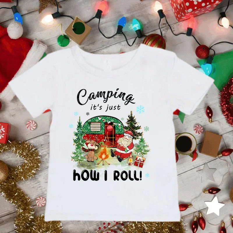 Camping Christmas Santa Claus White T Shirt Girl/boys Kids Kawaii Clothes Tops Merry Christmas Children Short Sleeve T-shirt