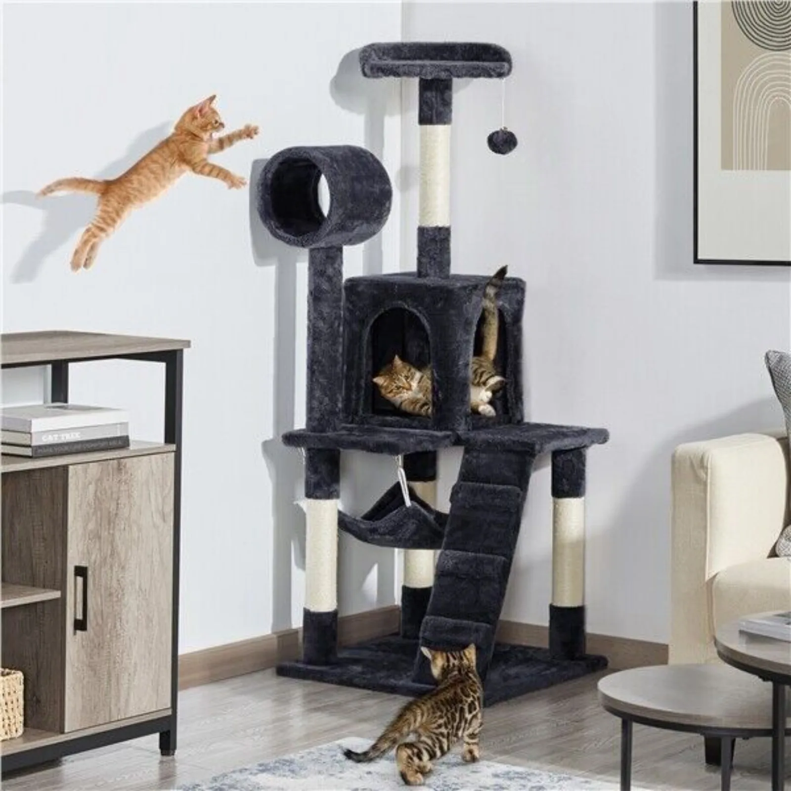 US Large Cat Activity Tree Tower Cat Condo with Hammock Tunnel for Adult Cats 51in