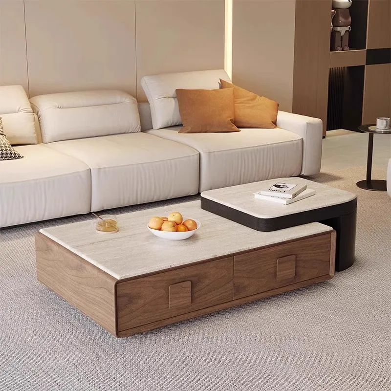 

living room household small apartment, medieval style simple and advanced sense, rectangular rock slab, travertine coffee table