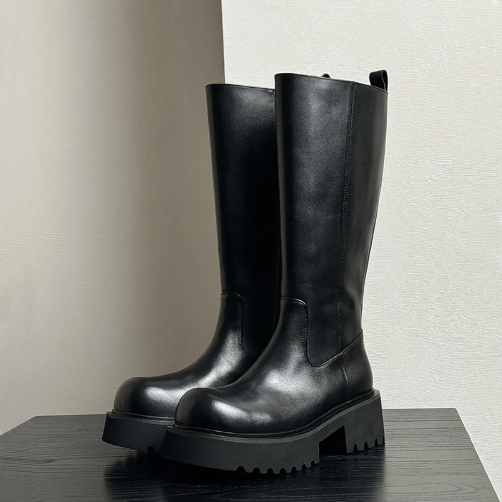 Men Knee High Boot Thick-soled Long Boots Round Toe Platform High Boots Fashion Knight Boots Zipper Genuine Leather Men Shoes
