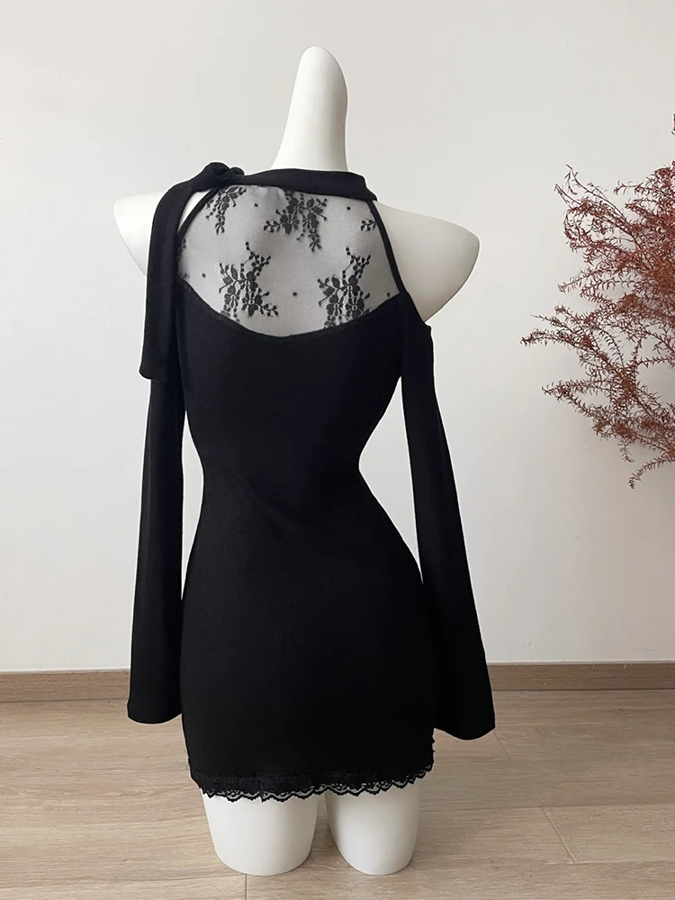 Feminino preto gótico bodycon vestido de noite vintage fora do ombro manga longa vestidos de luxo y2k uma peça vestidos 2000s roupas
