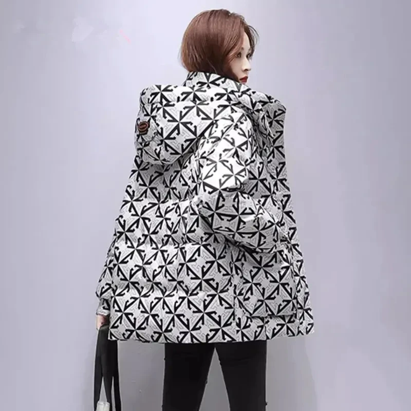 Chaqueta de algodón con capucha para mujer, Parkas cálidas de longitud media, abrigo grueso con estampado, novedad de invierno, 2024