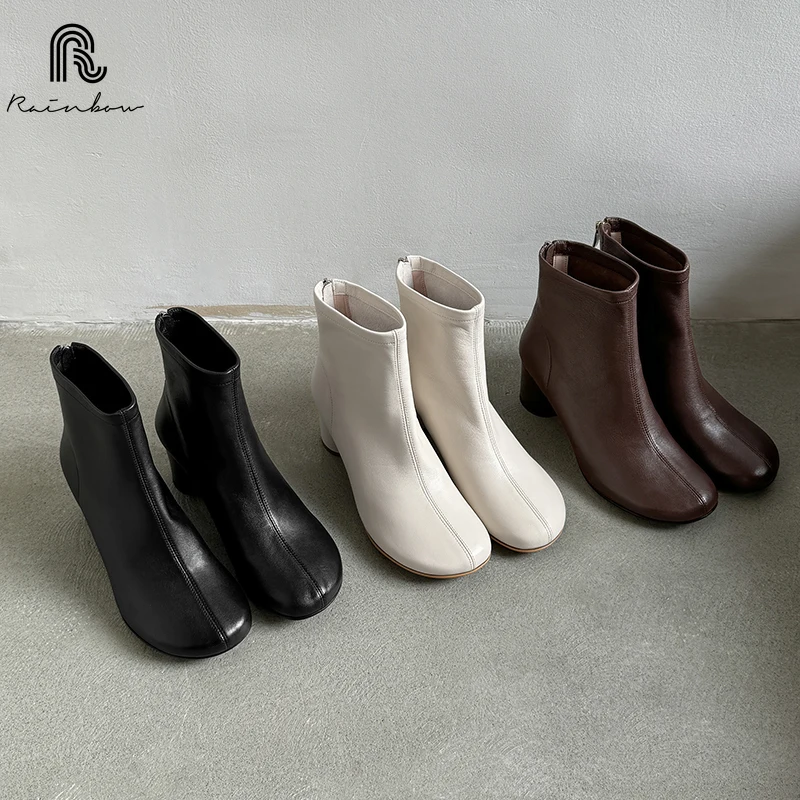 RAINBOW-Bottes de rinçage en cuir véritable pour femmes, talons hauts, noir, marron, rond, grande tête, dames, fête, chaud, automne, hiver, nouveau, 34-40