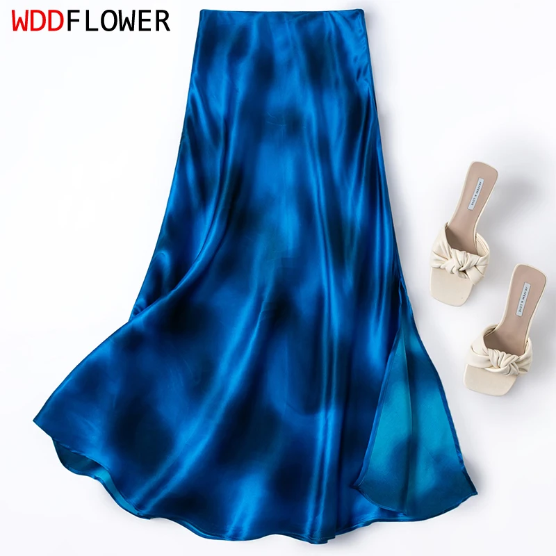 

100% Mulberry Silk 19 Momme Charmeuse Silk Blue Gradient Printed Women Mermaid Skirt Fishtail Style Skirt L XL M1654