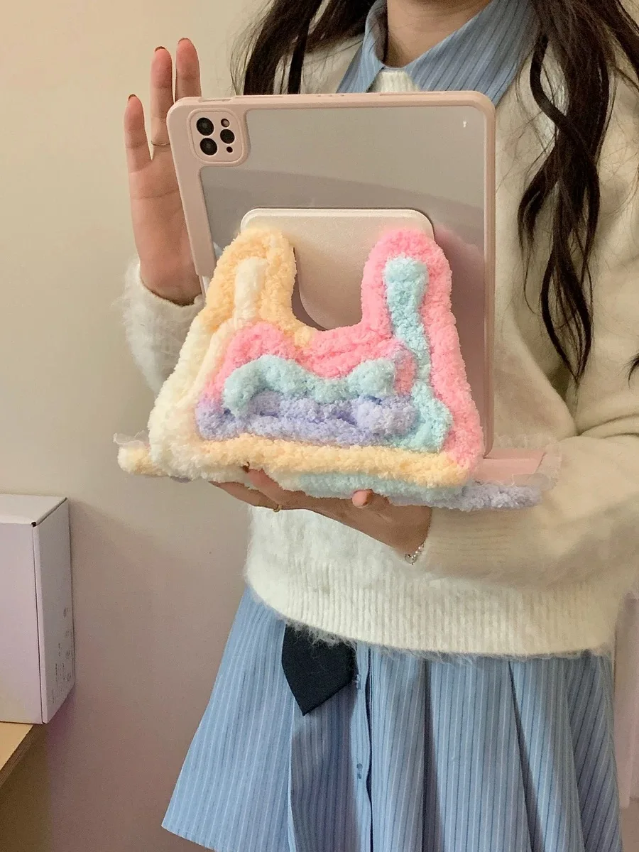 Funda protectora para tableta con espejo de amor de felpa de caramelo arcoíris, adecuada para iPad, cubierta para tableta giratoria de 360 grados a prueba de caídas