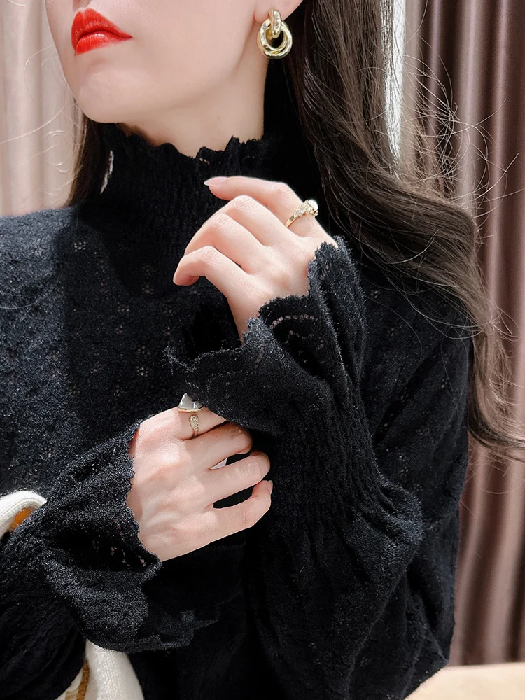 

Мягкая уютная кружевная базовая кофта для женщин, осенне-зимняя, с высоким воротником, свободного кроя, модная теплая внутренняя одежда, маленькая кофта