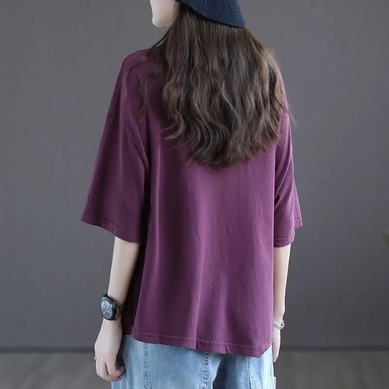 Street Casual O-neck Loose Tops Tees Summer New Asymmetrical Short Sleeve Solid All-match T Shirts Fashion Vintage Women Clothes - Image 4