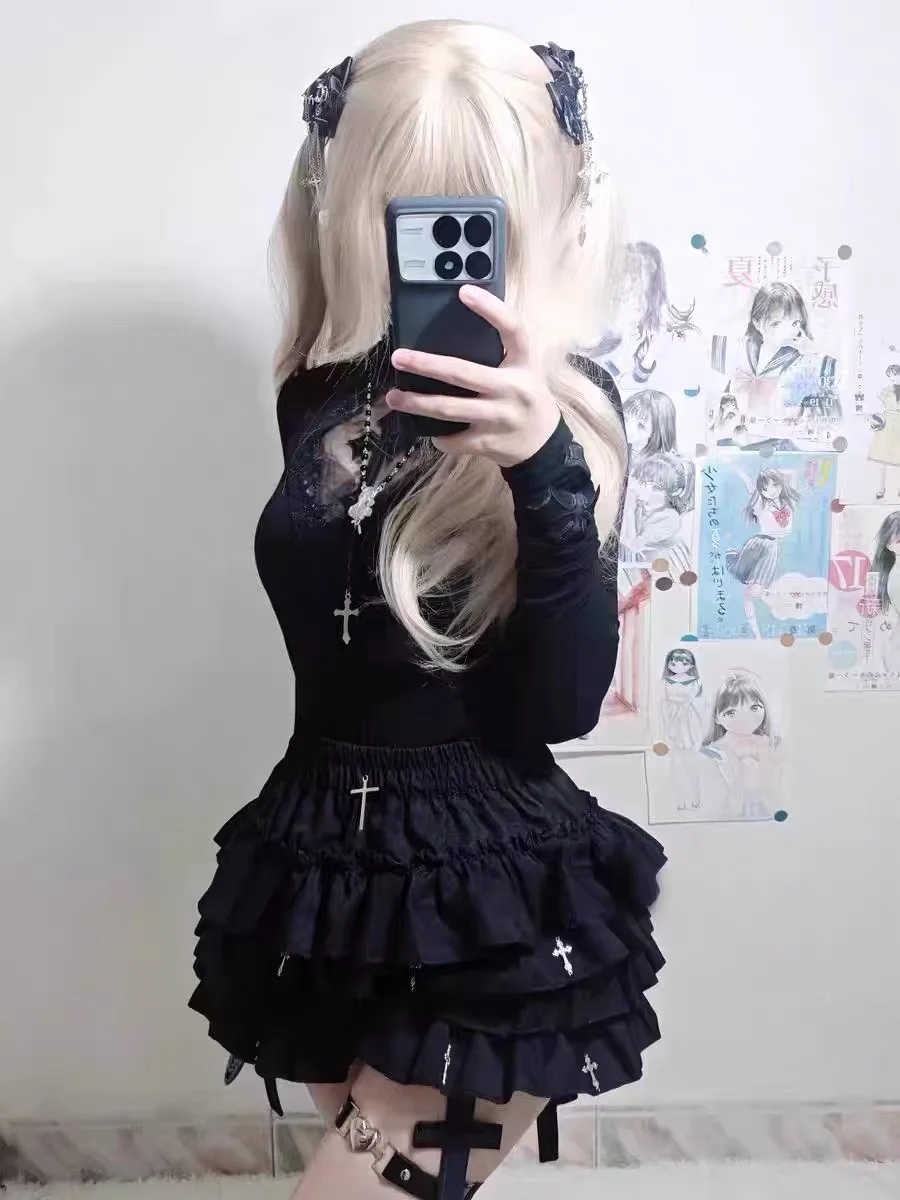 Women Aesthetic Kawaii Cross Gothic Style Dark Black Ruffled Mini Skirts Cutecore Coquette Shoujo Girl Jirai Kei Lolita Clothes