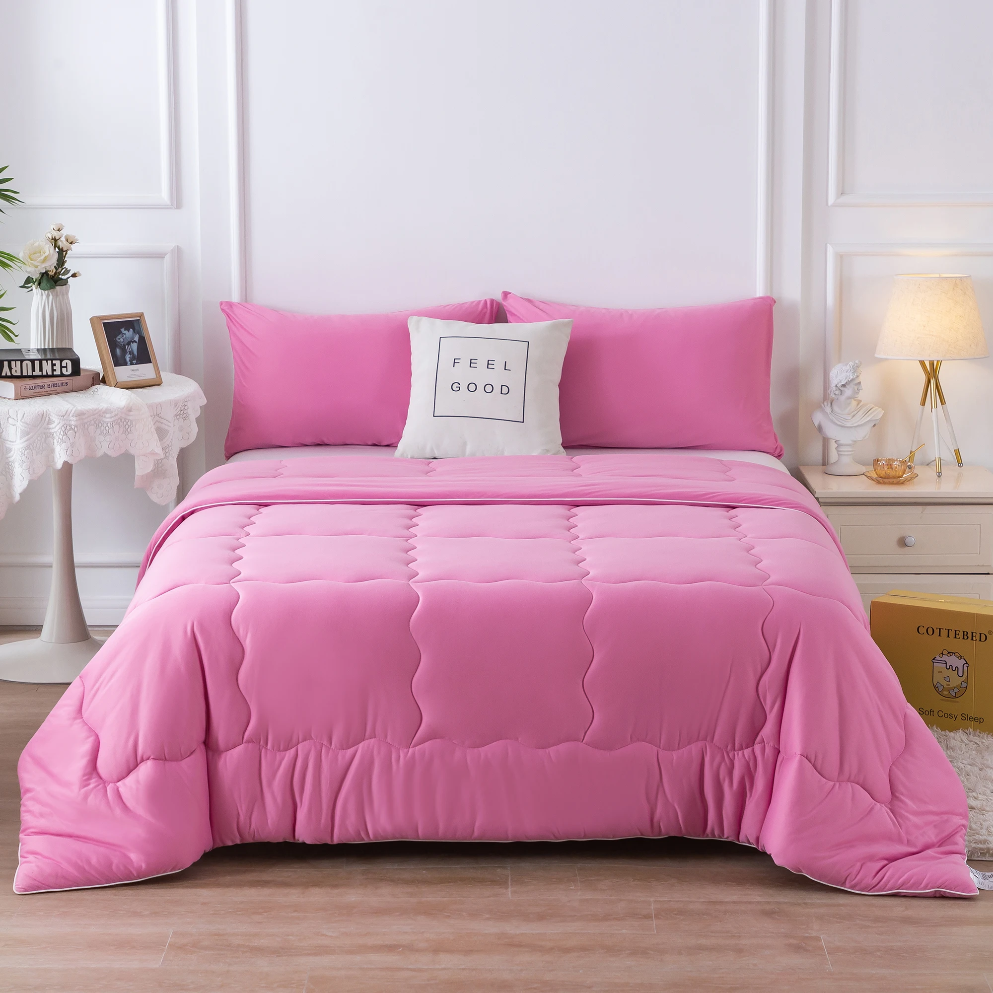 Available in all seasons Lightweight and warm Bedding1 Down Alternative with 2 Pillowcase Use Rose pink Queen Size