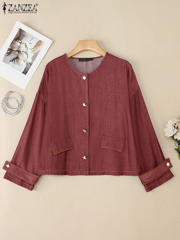 

ZANZEA Casual Autumn Jackets Women Elegant Office Denim Outwears Long Sleeve O Neck Tunic 2025 Solid Color Fashion Cardigan