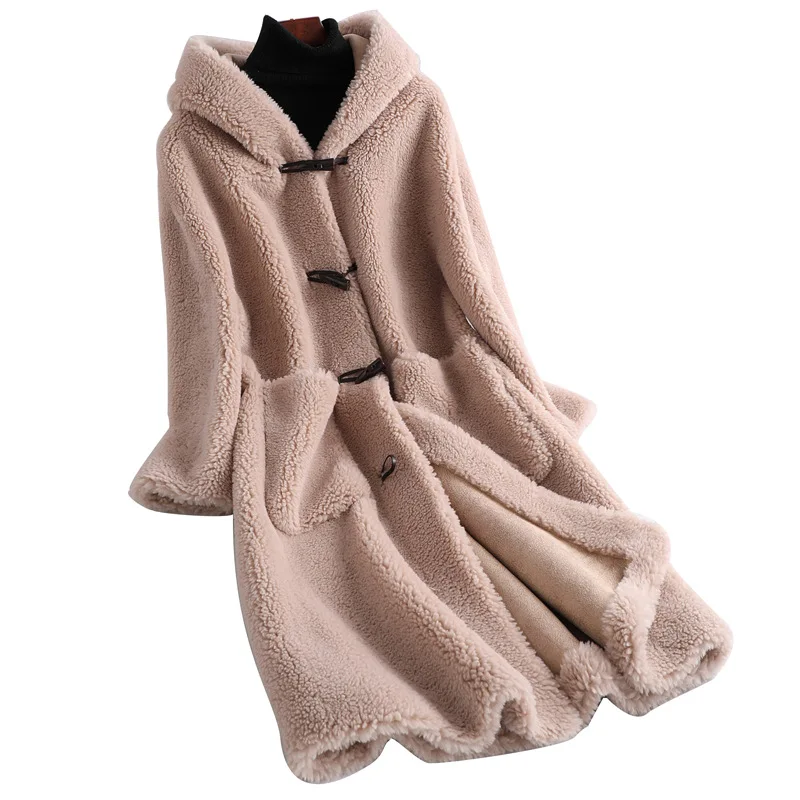 

Autumn Winter Fashion Lamb Wool Fur Jacket Sheep Shearing Loarm Outerwear Long Fur Coat Women Hooded Winter Coat