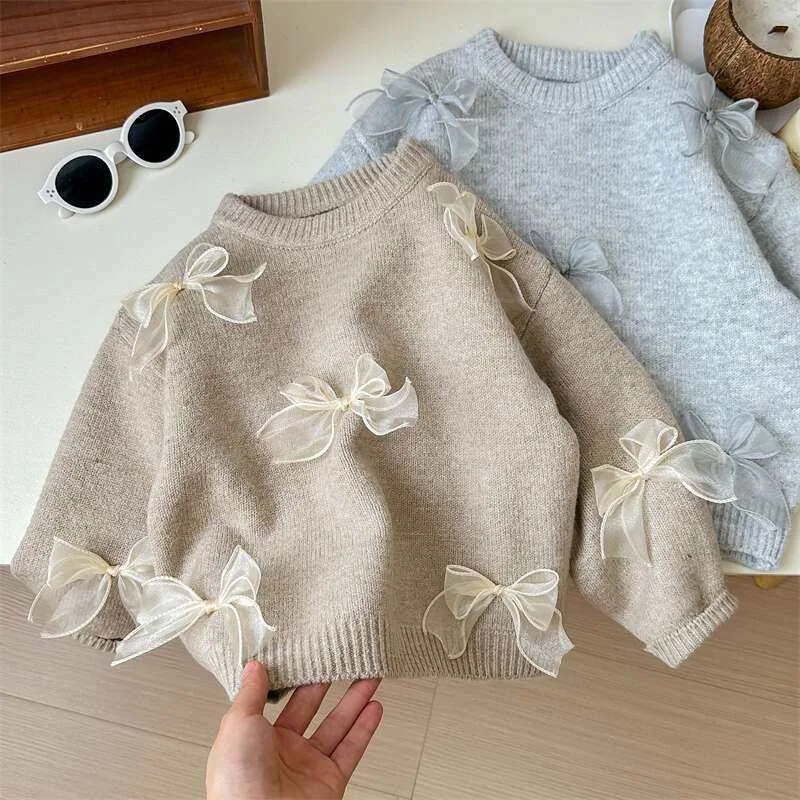 

1 To 10 Years Girls Solid Color Sweaters Cute Bow Children Clothing Autumn And Winter Baby Kids Sweet Princess Knitted Sweater