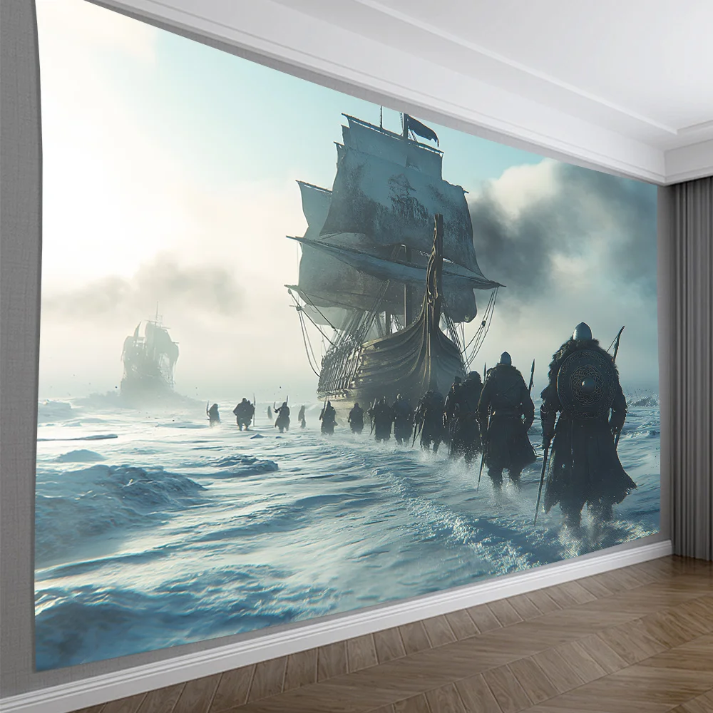 Viking Warriors and Ships Digital printing polyester wall hanging tapestry decorative Living room bedrooms background gift