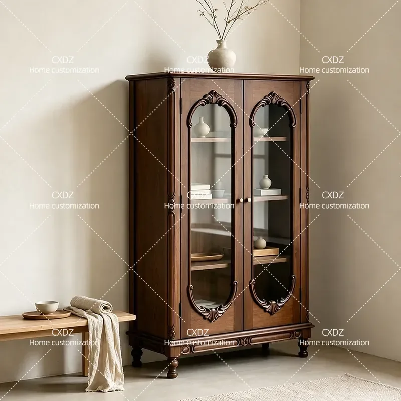 Solid Wood Bookcase with Glass Door Floor to Ceiling Storage Cabinet Antique Display Side Cabinet Wall Mounted Shelving Unit