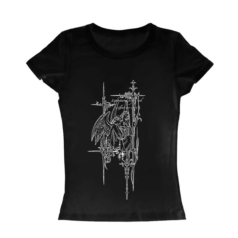 

2025 Spring/Summer New European and American Y2K Sexy Temperament Women's T-shirt Gothic Printed Pattern Two Piece Set Strap