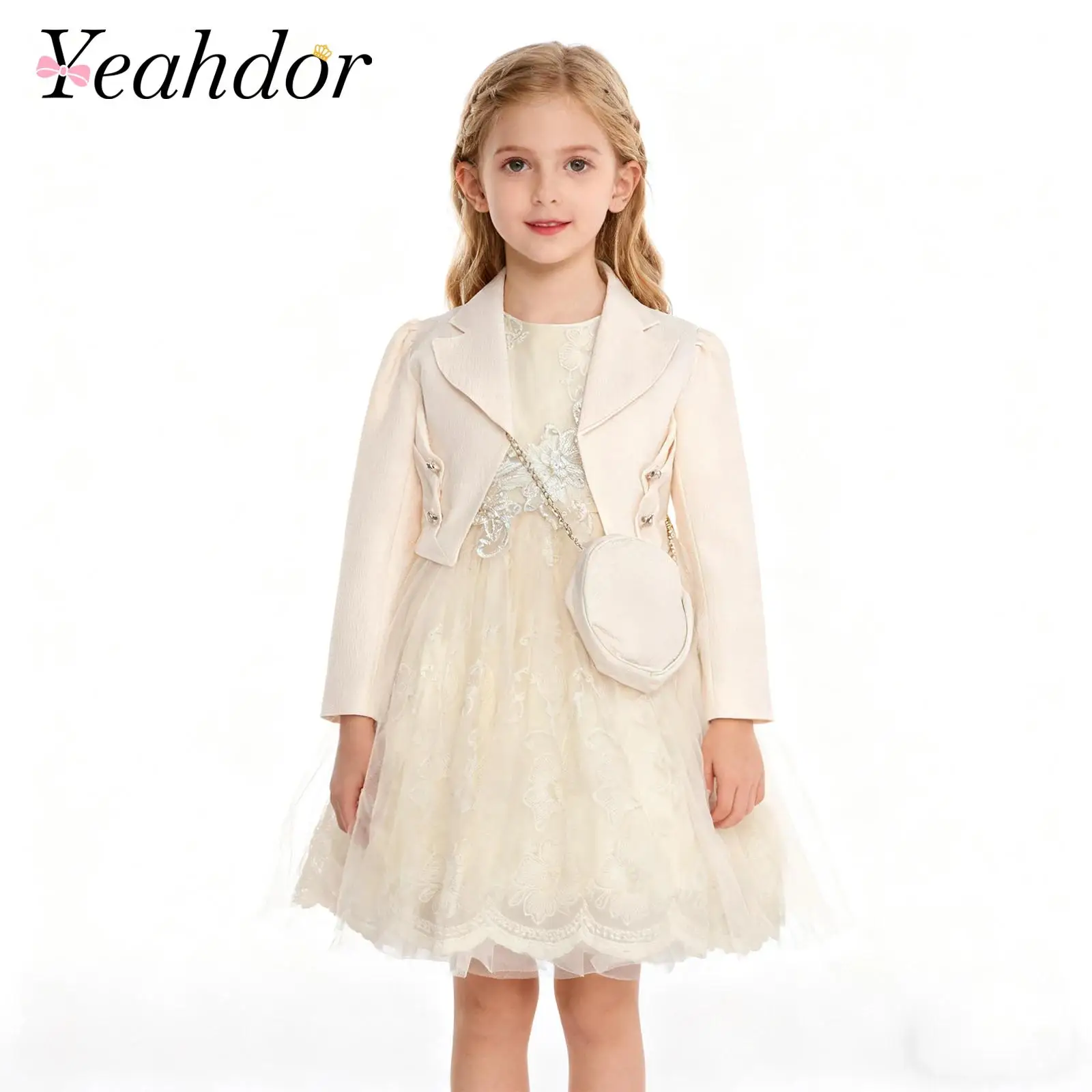 

Kids Girls Wedding Party Outfits 3-piece Princess Dress Set Floral Embroidered Tank Dress Cardigan Children Formal Dance Gown