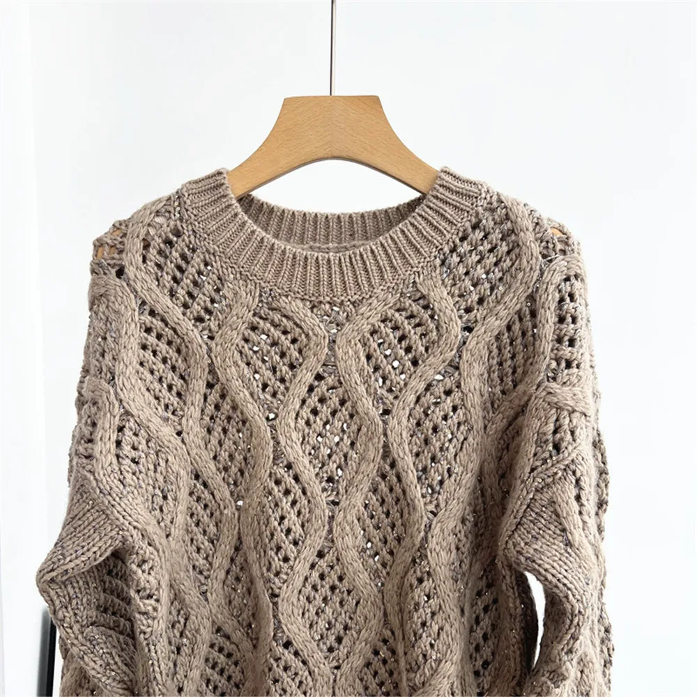 Women's 25 Autumn/winter Pullover Round Neck Long Sleeved Diamond Shaped Hollow Sequin Loose Cashmere Thick Knit Sweater