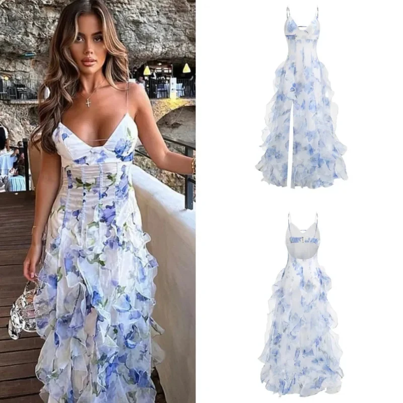 

Elegant Flower Print Layered Ruffles Sling Maxi Dress Women Sexy Hollow Backless Sleeveless Split Long Dresses Lady Party Robes