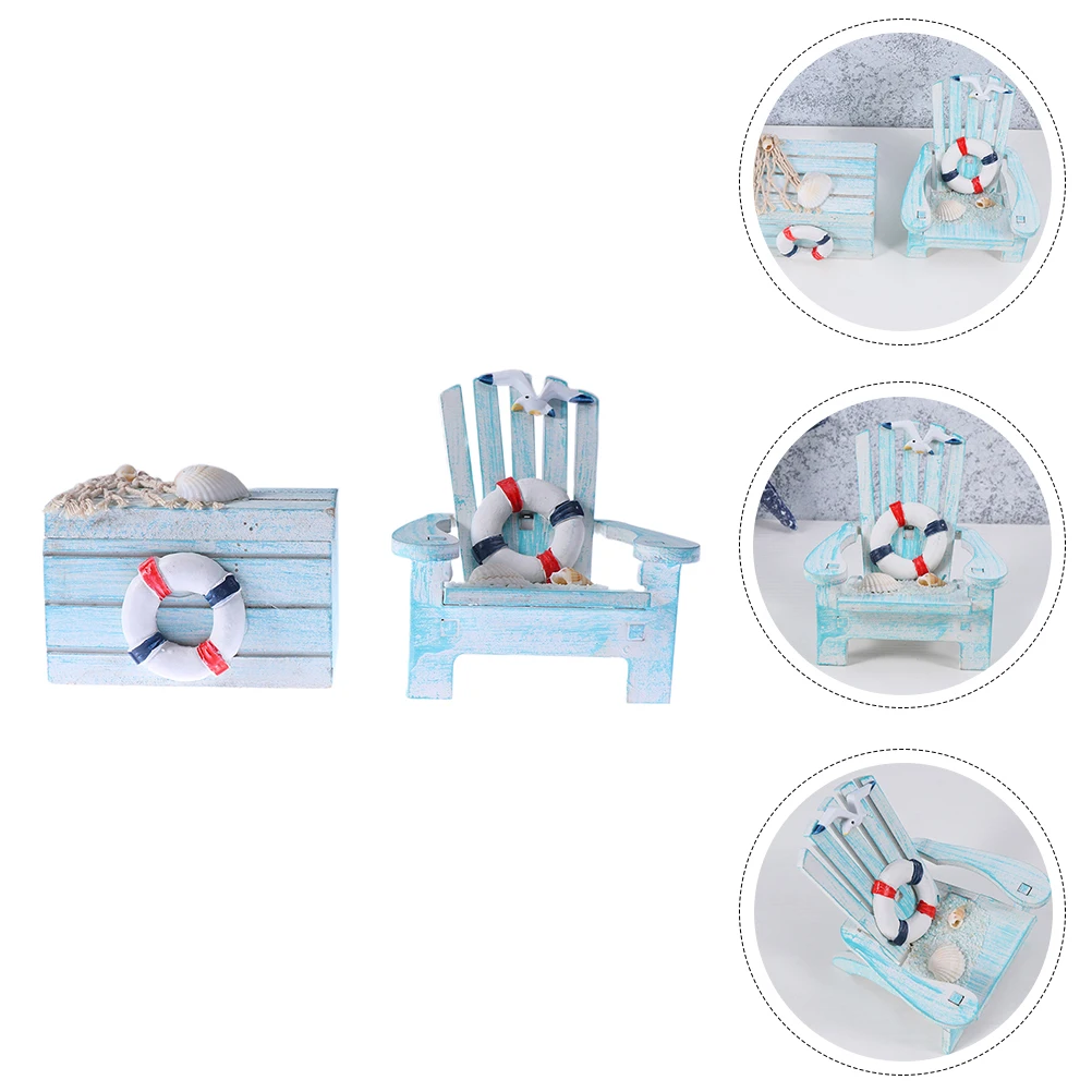 

2pcs /Set Lifebuoy Chair Ornament Decoration Coastal Mini Beach Ocean Wooden Themed Box Office