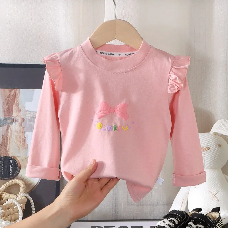 Kinder Mädchen Baumwoll-Langarmshirts mit Schleife, niedliches Print-Shirt, Basic-T-Shirt, Herbstkleidung für Babys und Kleinkinder