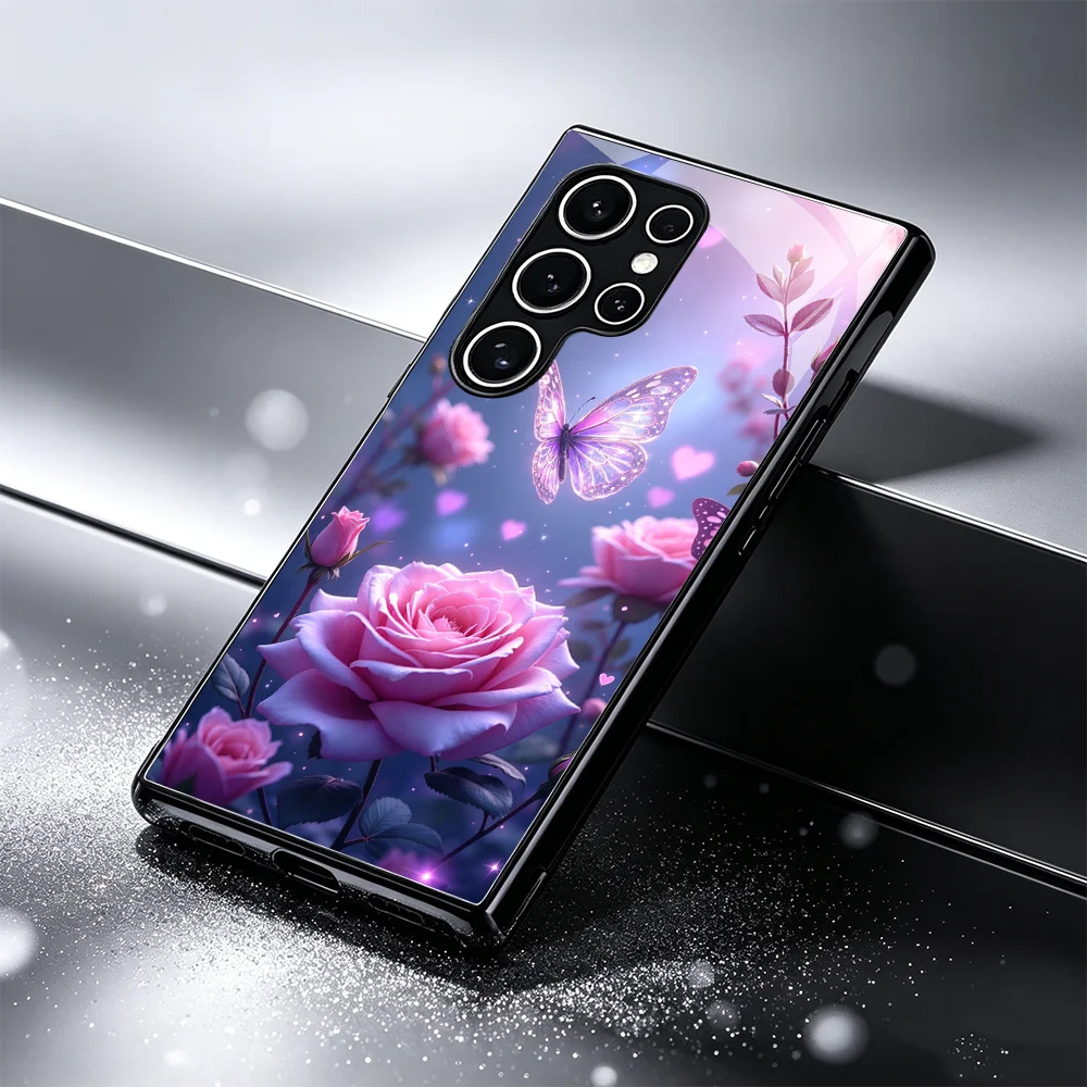 Fashion Flower Butterfly Black Tempered Glass TPU phone case for Samsung Galaxy S26/S25/S24/S23/S22/S21 FE Ultra Plus Shockproof