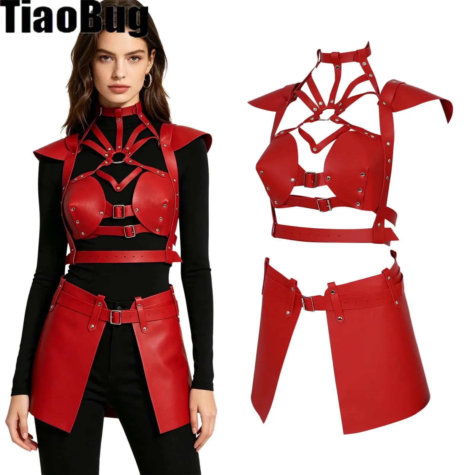 

Women Punk PU Leather Body Adjustable Suspender Leather Harness Top with Skirt for Halloween Cosplay Party Clubwear
