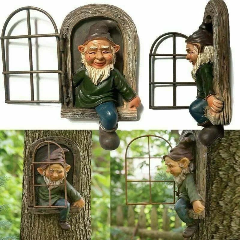 New Naughty Tree Hugger Gnome Statue Cute Elf Out Door Window Figurine Creative Home Yard Garden Tree Art Decor