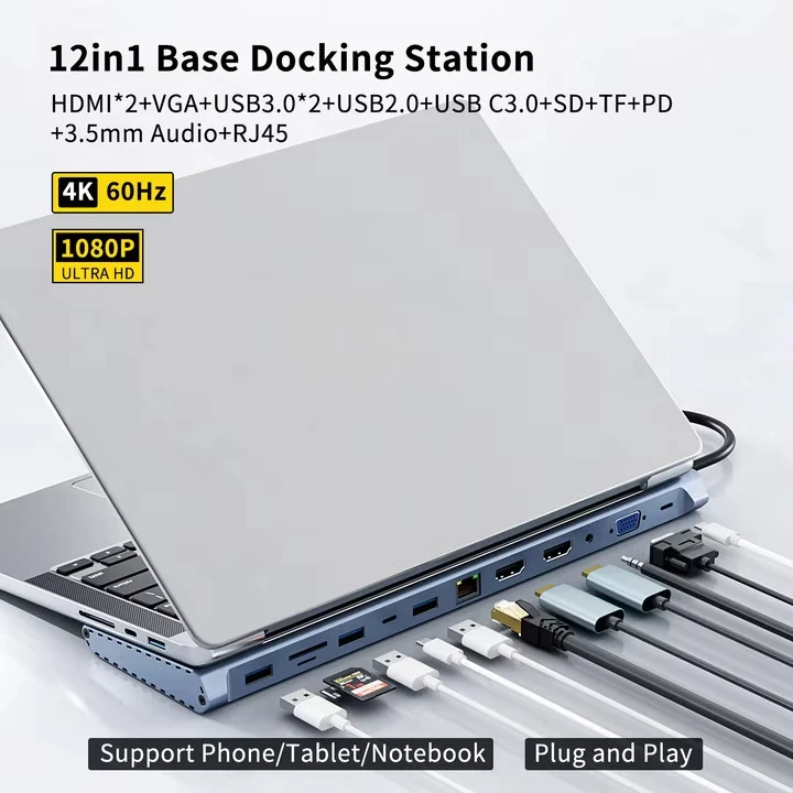 

11/12-in-1 Type C Dock USB C Hub 3.0 Splitter Multiport Adapter 4K RJ45 SD/TF VGA HDMI-compatible Laptop MacBook iPad