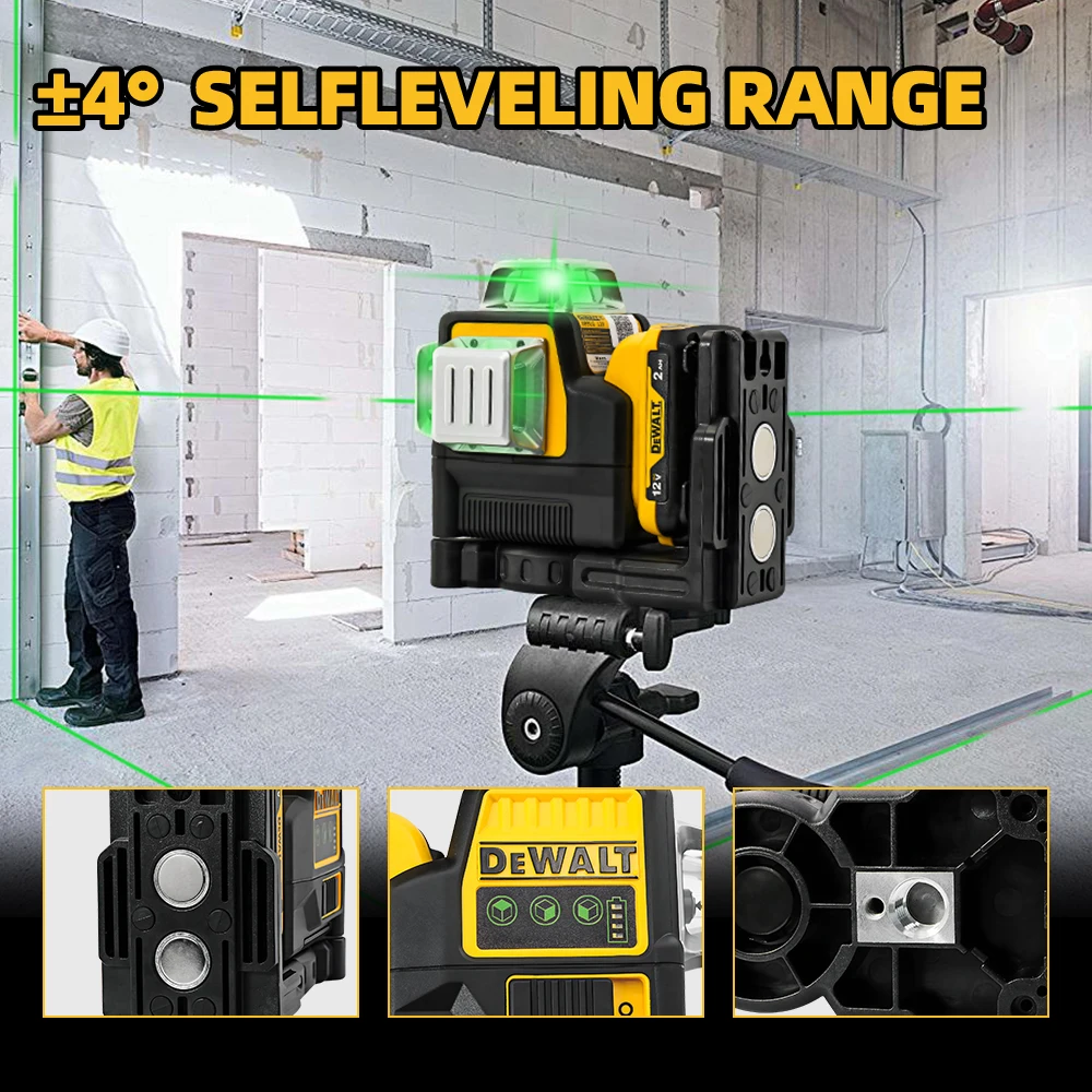 Dewalt 3 lados * 360 grados Vertical 12 líneas nivel láser Horizontal medidor de nivel de luz verde al aire libre con batería Dewalt 12V