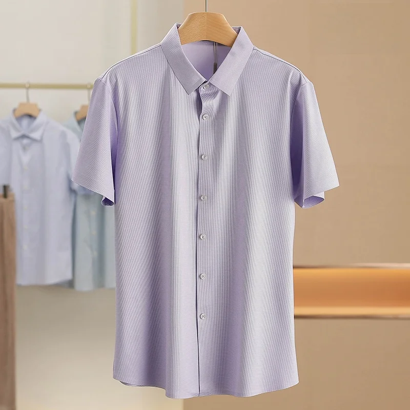 

Comfortable Hanbing Men's Shirt Summer New Style Standard Fit Polyester Viscose Blend Silk Tartan Short Sleeve Flip Collar