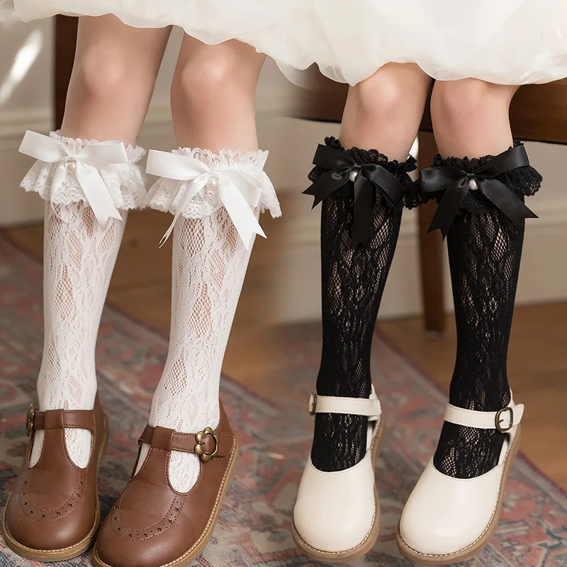 Spring and summer girls hollow mesh light and breathable dovetail beaded lace girls in tube socks stockings